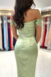 Simple Off-the-shoulder Evening Dresses Short Sage Prom Dresses With Slit